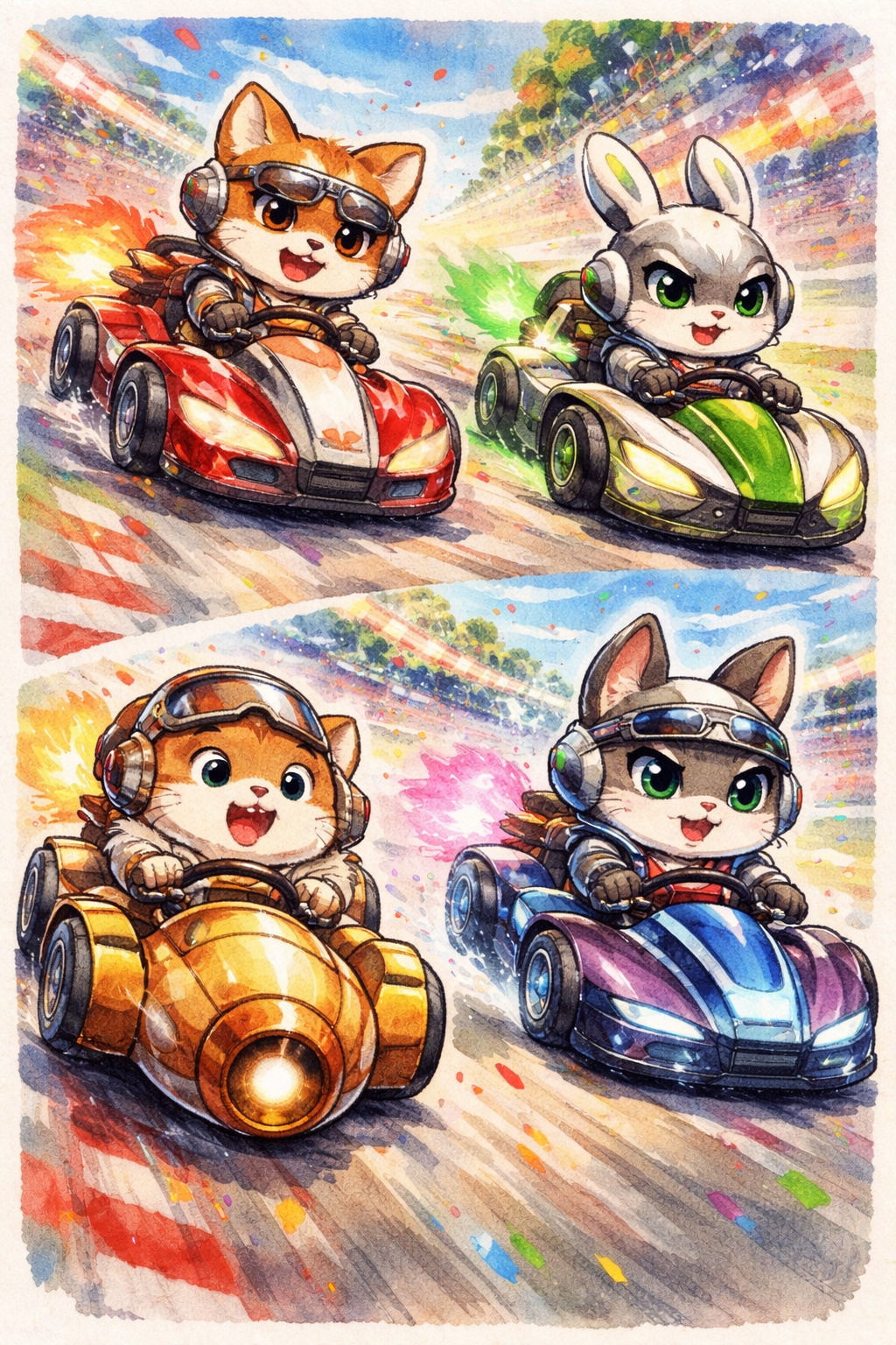 Whimsical fairy and friends in a twilight meadow.